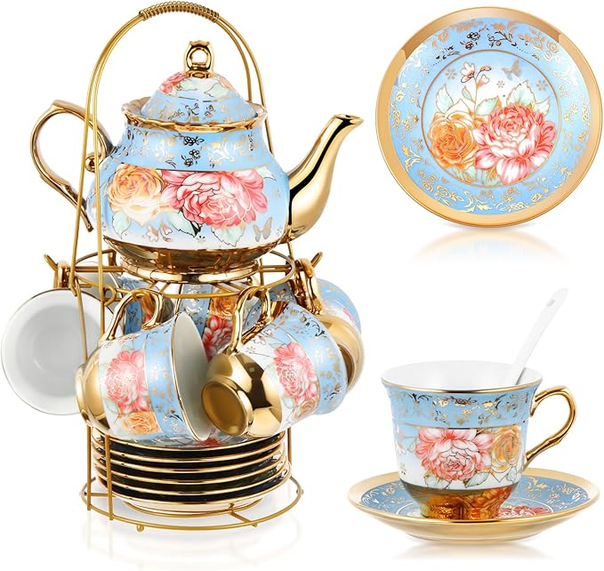Zhehao 20 Pcs Porcelain Tea Set with Metal Holder and Spoon Adult Ceramic Tea Party Set European Flower Painting Teapot Cup Saucer Spoon Set for Women, Large Version(Simple Style)