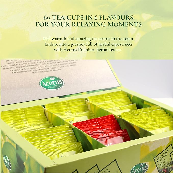 ACORUS Premium Tea Set - Natural Herbal Tea Variety Pack, Gift Set of 6 Different Teas, 60 Bags Individually Wrapped, Herbal Sampler Box