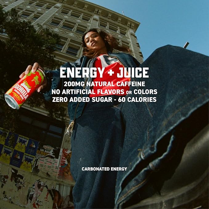 Gorilla Energy Drink, Watermelon Melon, 200mg Natural Caffeine, Real Fruit Juice Squeezed & Concentrated, L-Theanine, Taurine, Ginseng, Acetyl L-Carnitine, No Added Sugar and No Artificial Colors, 12 Pack