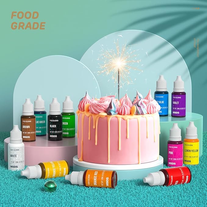 14 Food Coloring Set, Liquid Vibrant Food Color Tasteless Food Dye for Baking, Icing, Cake Decorating, Fondant, Easter Egg, Slime Making DIY Supplies Kit - 0.35 Fl. oz (10 ml)/Bottles