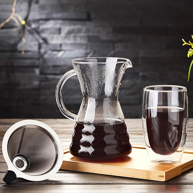 Unbreakable - Pour Over Coffee Maker with Permanent Stainless Filter 32 fl oz, Thickened Heat-Resistant Borosilicate Glass Dripper Coffee Brewer, Stovetop Safe