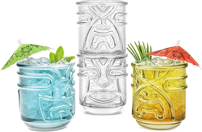 Final Touch Tiki Glasses Set of 4 - Kanaloa, Lono, Kū, Kāne Designs, 12 oz (355 ml), Clear, Stackable Totem Pole Storage, Durable Glassware for Tropical Cocktails (TK5303)