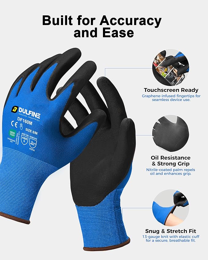 Safety Work Gloves MicroFoam Nitrile Coated-12 Pairs Pack,Blue Seamless Knit Nylon Glove with Black Micro-Foam Nitrile Grip,Ideal for General Purpose,Automotive,Home Improvement,Painting(XX-Large)