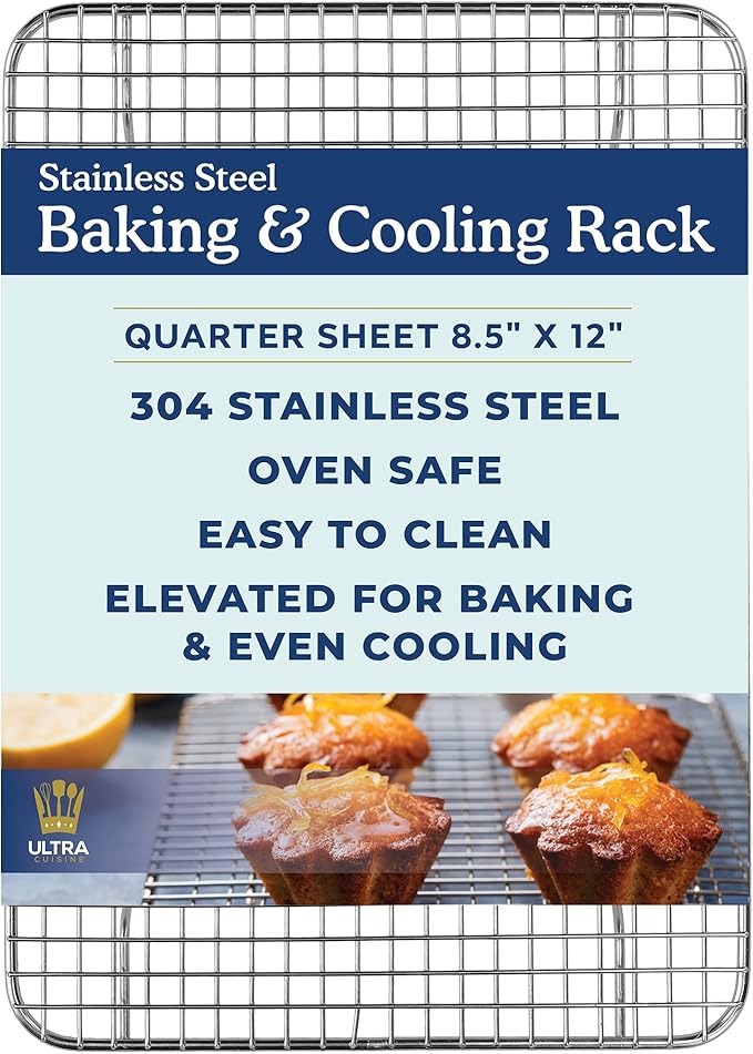 Ultra Cuisine Stainless Steel 8.5 x 12-inch Cooling and Baking Rack - Oven-Safe - Dishwasher-Safe - Heavy Duty - Tight Wire Bake for Oven Cooking - Quarter Sheet Pan - Ideal as Roasting Rack