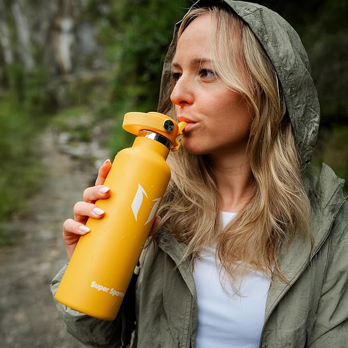 Super Sparrow Insulated Water Bottle - 17 Oz / 25 Oz / 32 Oz - Standard Mouth FlipFlow Flask - BPA Free, Leak Proof Drink Bottle- Ergonomic Straw Water Bottles for Work, Gym, Travel, Sports