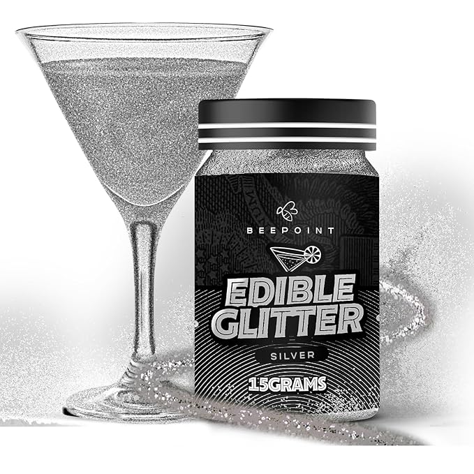 BeePoint Silver Edible Glitter for Drinks 15g - Food Grade, Vibrant Color Shimmer Powdered Dust for Drinks, Cocktails, Cake Decorating, Baking, Chocolates, Candy, Sweets, & Cookies - Vegan & Gluten Free