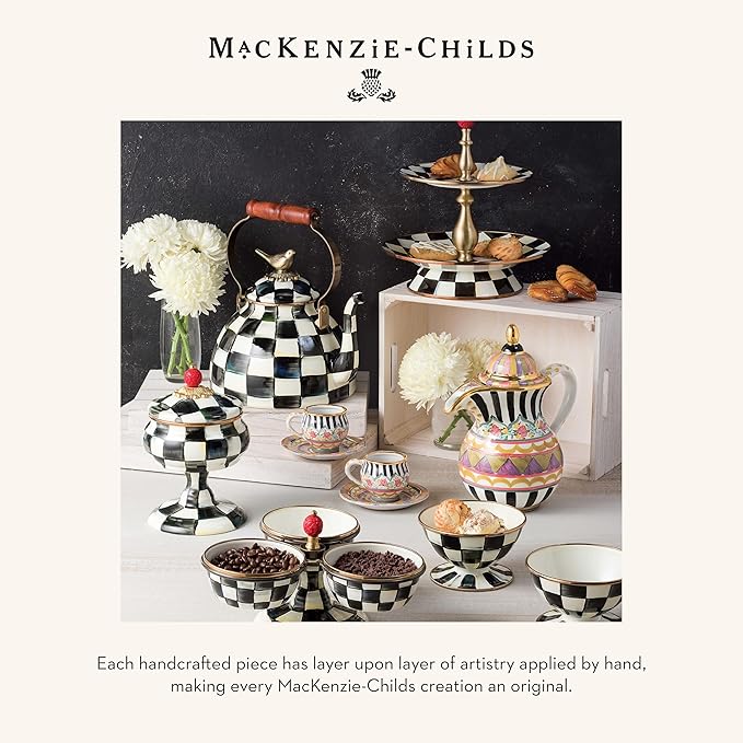 MACKENZIE-CHILDS Enamel Squashed Pot, Cute Enameled Container with Lid, 20 Ounces, Black-and-White Courtly Check