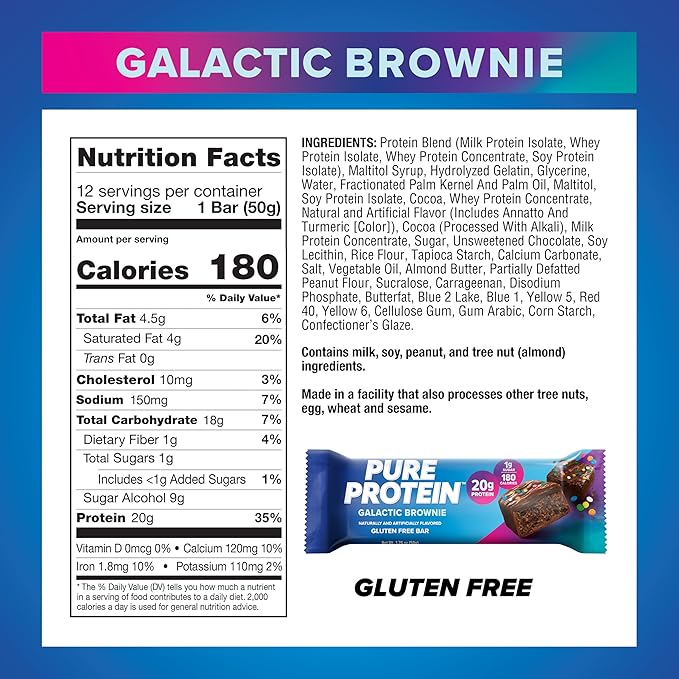 Pure Protein Galactic Brownie Bars - 12 Count Box | 20g High Protein, Gluten-Free, On-the-Go Snack | Ideal Pre & Post-Workout Fuel | Low Sugar, Great Taste!