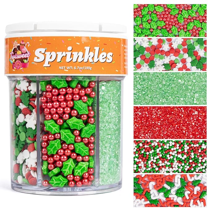 Twisweet Christmas Sprinkles 6 Cell-6.7oz Edible Pearls for Cake Decorating, Red Green Sanding Sugar Sprinkles Xmas Tree Candy Cane Mix, Cupcake Topper Ice Cream Cookie Toppings Cake Decorations, Holiday Christmas Party Supplies