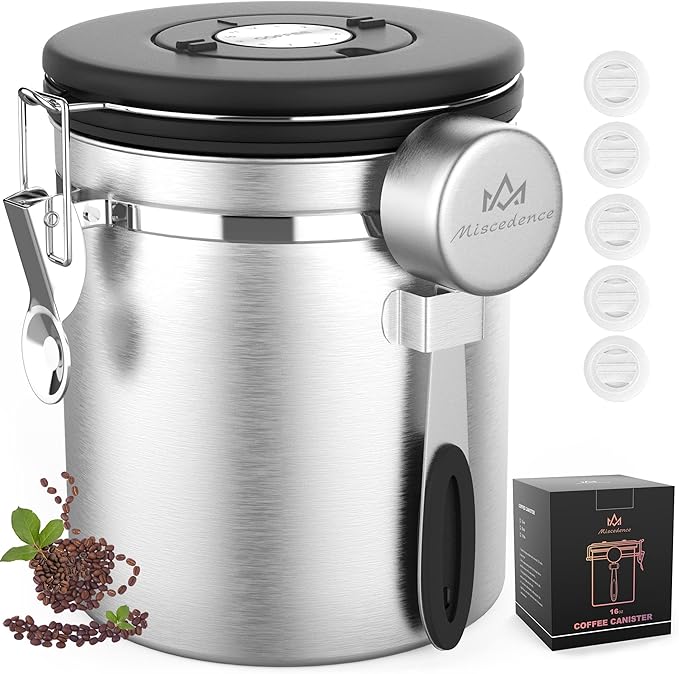 Coffee canister for ground coffee with Scoop Date Tracker One Way Co2 Valve 304 Stainless Steel Kitchen Food Airtight storage container for Coffee Beans,Grounds,Tea,Sugar (Silver, 16oz)