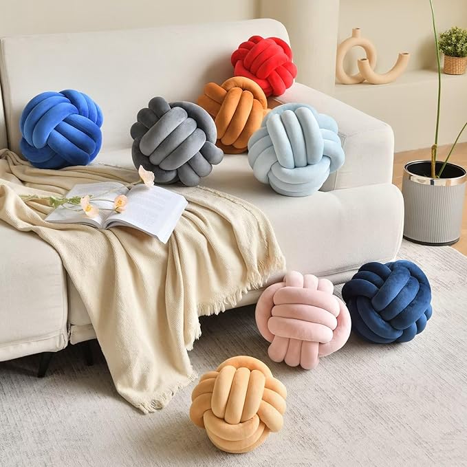 Decorative Throw Knot Pillow Ball for Home Chair Sofa Couch Bed Aesthetic Round Velvet Knotted Pillow Cushion (Navy Blue, 8 inches)