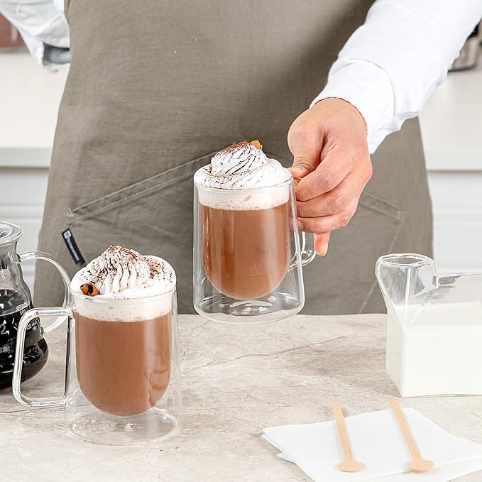Restaurantware-Forma Professional 10.2 Ounce Double Wall Coffee Mugs, 12 Insulated Coffee Mugs With Handle - Dishwashable, Reusable, Clear Glass Beverage Cups, Freezable, For Hot Or Cold Beverages