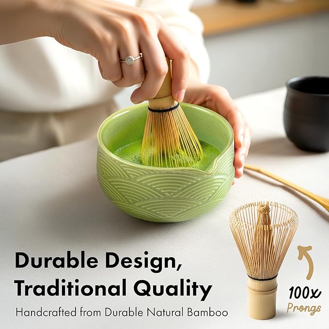Matcha Whisk Set (7 Pcs) - Complete Matcha Set, Matcha Bowl with Spout, Whisk with Holder, Bamboo Scoop with Rest and Sifter, Perfect Kit for Matcha Lovers (Green Mist)