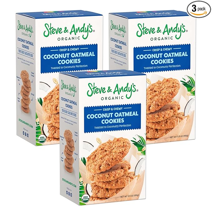Steve & Andy’s Crunchy, Chewy Coconut Oatmeal Cookies -Organic, Gluten Free, Non-Gmo, Vegan, Dairy Free, Nut Free, Egg Free, Wheat Free, Soy Free, Plant-Base– 16.5 Oz, 3 Boxes (30 Cookies)