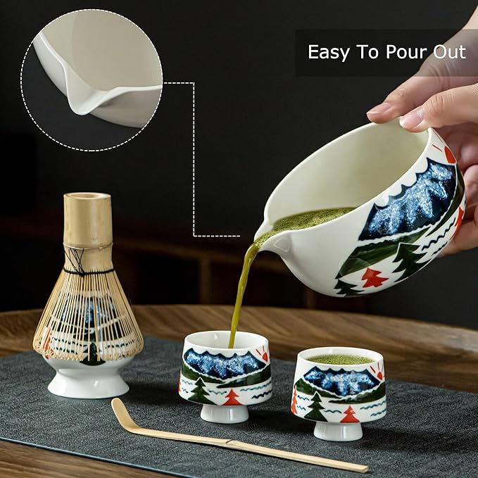 Fuji Mountain Matcha Bowl Set – 6-Pcs Hand-Painted Scenic Japanese Tea Ceremony Kit | Matcha Bowl with Spout, 2 Cups, Bamboo Whisk, Scoop & Whisk Holder | Gift for Tea Ceremony Lovers
