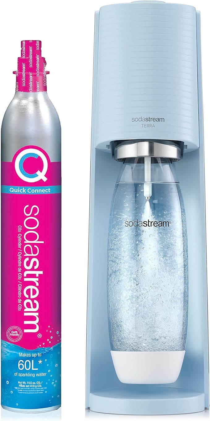 SodaStream Terra Sparkling Water Maker (Misty Blue) with CO2 and Dishwasher Safe Bottle