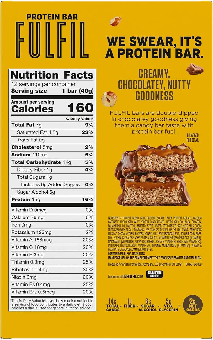 FULFIL Protein Snack Bars, Chocolate Hazelnut Flavored, Gluten Free with 15g Protein, Pantry Staples, 12 Count