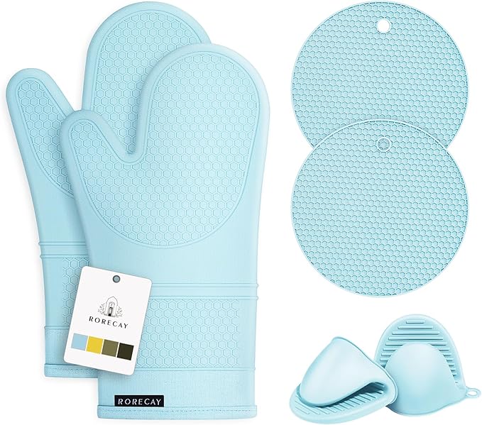 Rorecay 6pcs Oven Mitts and Pot Holders Sets, Extra Long Silicone Oven Gloves Heat Resistant 500 Degrees Non-Slip Potholders Hot Pads for Kitchen Baking Cooking, Quilted Liner, Winter Sky