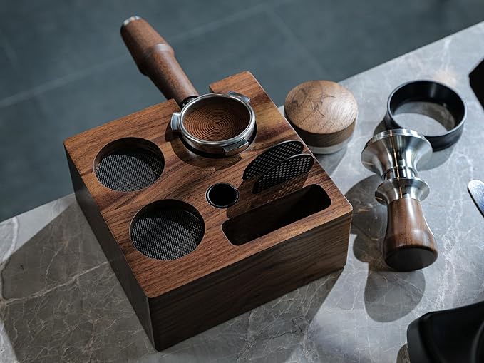 Breville Barista Express Accessories Kit 6pcs Includes 54mm Walnut Tamping Stand, Auto Leveling Tamper, Distributor, Bottomless Portafilter, Dosing Funnel and Puck Screen
