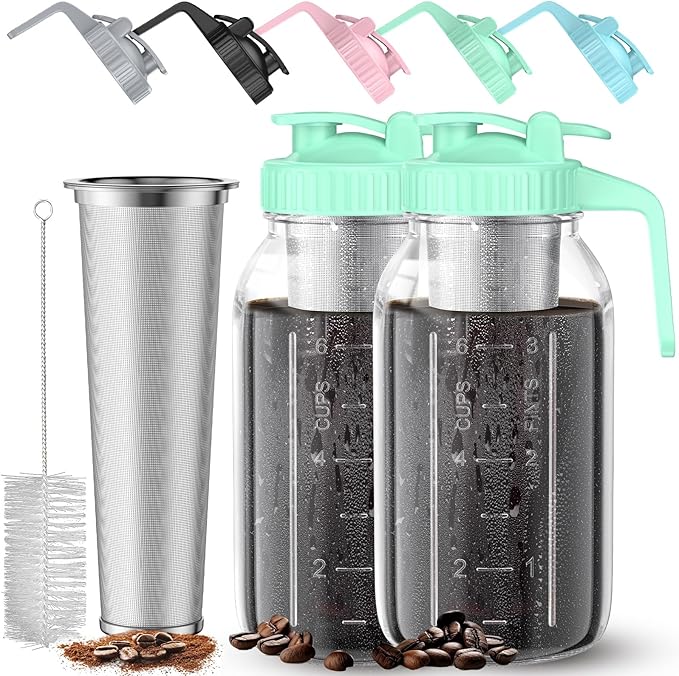 Cold Brew Coffee Maker Jar - 2 Pack 64 oz Glass Cold Brew Maker with Handle, Stainless Steel Filter & Leak-Proof Lid, Heavy Duty Cold Brew Pitcher for Iced Coffee, Sun Tea, and Milk