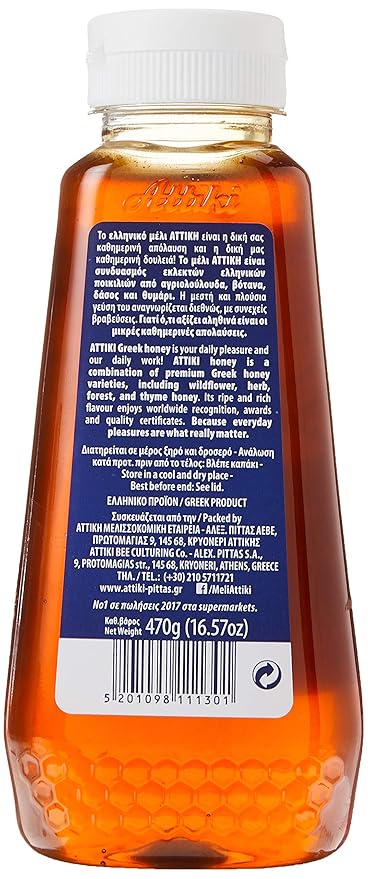 Attiki Pure Greek Honey with Thyme, Wild Flowers and Herbs, Perfect for Baking, Cooking, Lemonade and Tea, 16.58 oz (470 grams), Bottle