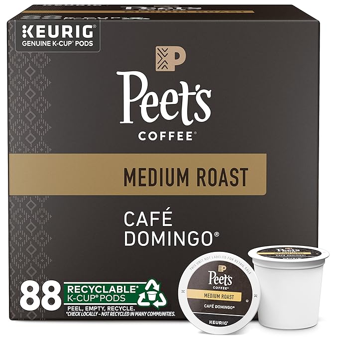 Peet's Coffee, Medium Roast Keurig K-Cup Pods - Café Domingo 88 Count (4 Boxes of 22 K-Cup Pods)