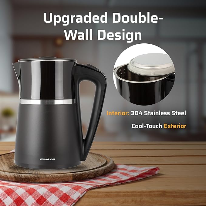 Epsilon Double Wall Electric Kettle 1500W – 1.7L Hot Water Tea Kettle & Hot Water Boiler with Auto Shut-Off, Boil Dry Protection, BPA-Free Stainless Steel Electric Teapot Fast Boil, Cool Touch Design