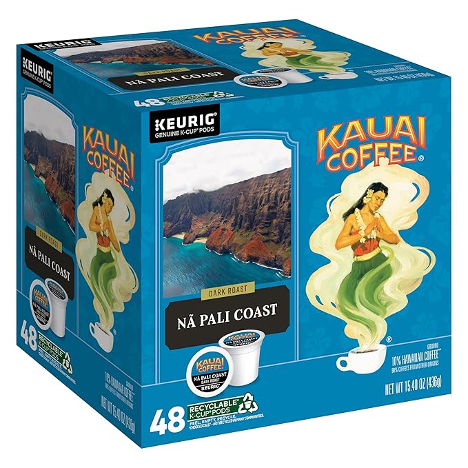 Kauai Coffee K-Cup Pods for Keurig Brewers – Arabica Coffee, 10% Hawaiian – Dark Roast, Nutty with Sweet Chocolate Overtones – Na Pali Coast, 1 Pack of 48 Single Serve K-Cups