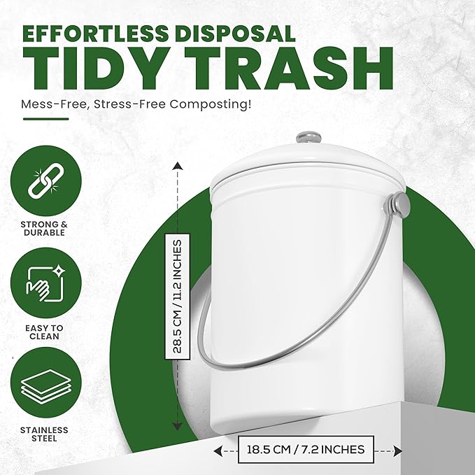 Utopia Kitchen Compost Bin for Kitchen Countertop, 1.3 Gallon Compost Bucket for Kitchen with Lid, Includes 1 Spare Charcoal Filter (White)