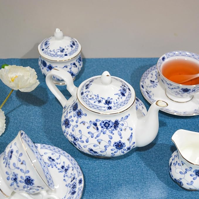 Bone China Tea Set, 21-Pieces Porcelain Tea Set for Adults, Tea Cups And Saucers for 6, with Teapot, Spoons, Sugar Bowl, Creamer Pitcher, Vintage Tea Set for Women Tea Party (Blue)