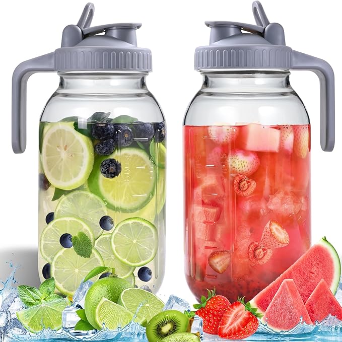 64OZ Glass Pitchers with Lid, Wide Mouth Water Jugs, Leak-Proof Airtight Mason Jars for Cold Brew Coffee, Iced tea, Milk, Food Storage, Sun Tea Jar，Set of 2.