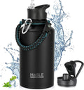 HASLE OUTFITTERS Half Gallon Insulated Water Bottles 64 oz, Stainless Steel Metal Water Jug with 2 Lids Keep Cold 48h/Hot 24h, Leak Proof & BPA-Free Water Flask Jug(Black,1)