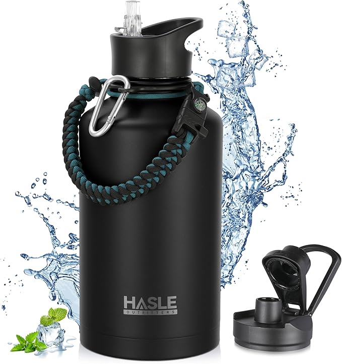 HASLE OUTFITTERS Half Gallon Insulated Water Bottles 64 oz, Stainless Steel Metal Water Jug with 2 Lids Keep Cold 48h/Hot 24h, Leak Proof & BPA-Free Water Flask Jug(Black,1)
