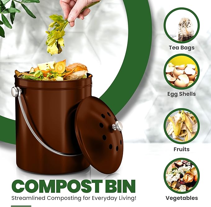 Utopia Kitchen Compost Bin for Kitchen Countertop, 1.3 Gallon Compost Bin for Kitchen with Lid, Includes 1 Spare Charcoal Filter (Copper)