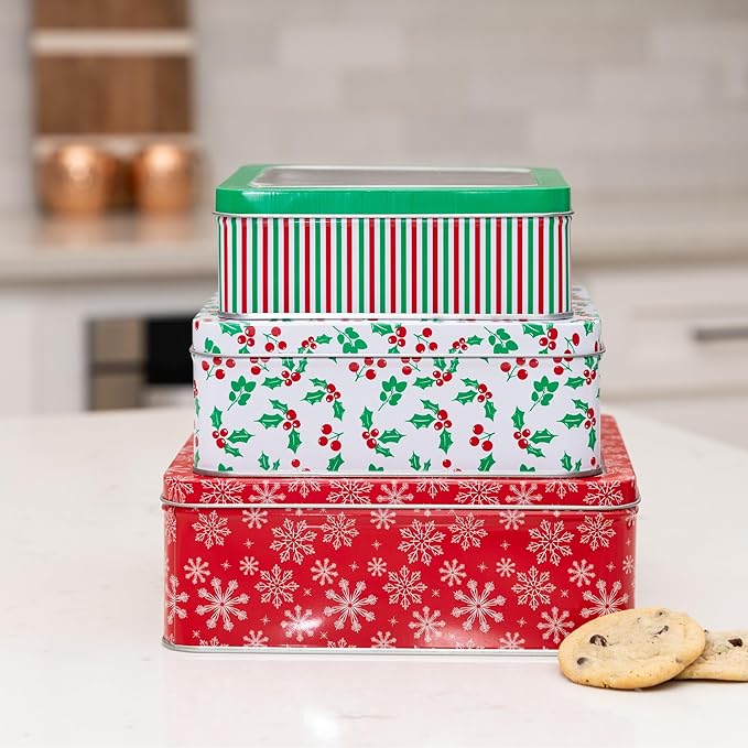 Steel Mill & Co Square Tin Containers with Lids, 3 Pack Christmas Cookie Tins, Festive Cookie Tins for Gift Giving & Holiday Treats, Metal Box Nesting Containers, Large Medium Small, Snowflake