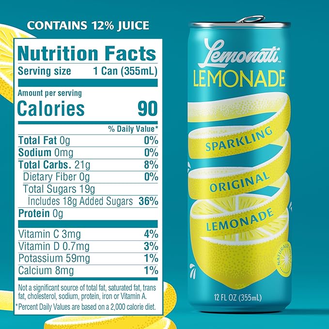 Lemonati Lemonade Sparkling Original Lemonade, No Artificial Sweeteners or Flavors, Gluten-Free, Kosher, Non-GMO, Vegan, 12 Fl Oz Slim Cans, Pack Of 24