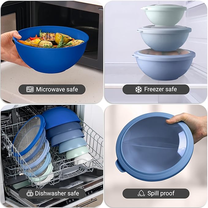 Zulay Kitchen 12 Piece Plastic Mixing Bowls with Leak-Proof Lids Set - Microwave and Freezer Safe Kitchen Mixing Bowls for Preparing, Serving and Storing - Large Nesting Bowls (Blue Ombre)