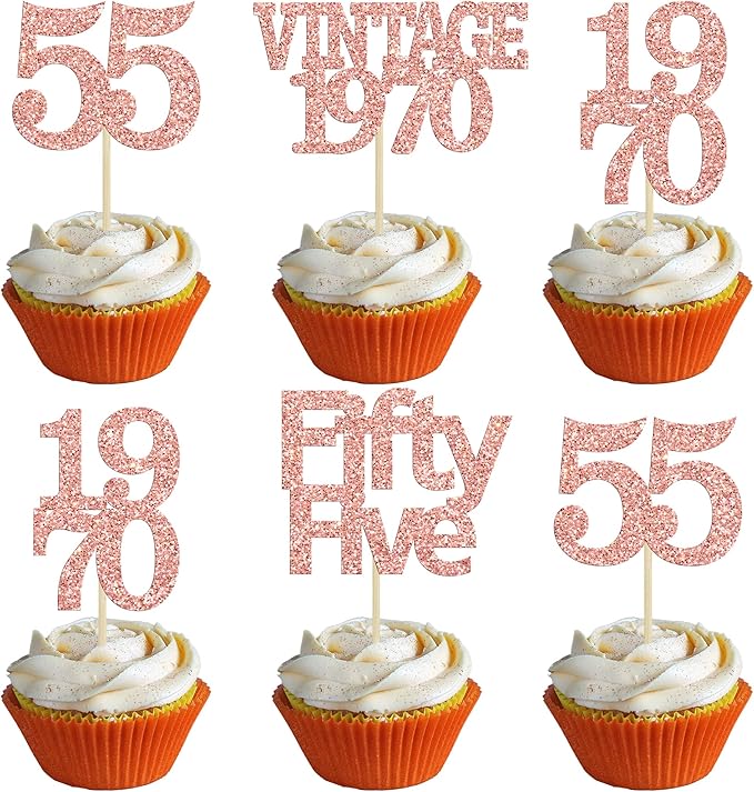 Gyufise 24Pcs 55th Birthday Cupcake Toppers Glitter Cheers to 55 Fabulous Fifty Five Vintage 1970 Cupcake Picks 55th Birthday Wedding Anniversary Party Cake Decorations Supplies Rose Gold