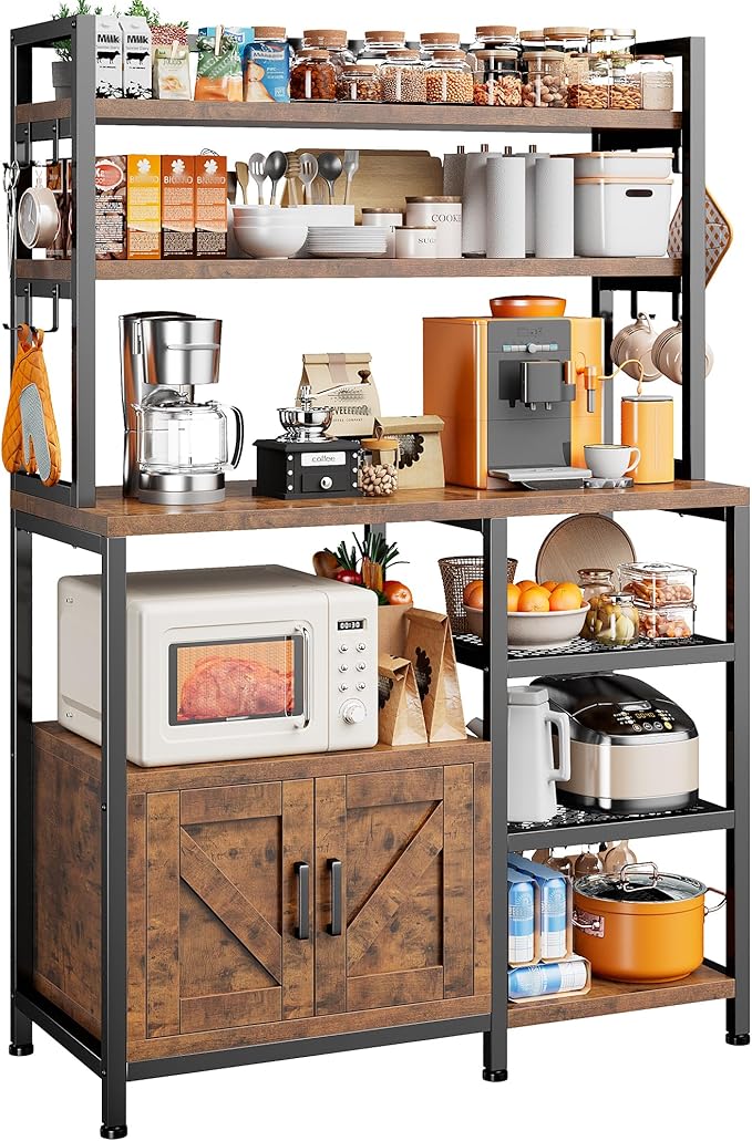 EnHomee Bakers Rack, 6 Tier Microwave Stand, Coffee Bar Organizer with 8 L-Shaped Hooks, Kitchen Shelves with Large Capacity Storage, 14.1 x 30.1 x 63.1 Inches, Rustic Brown