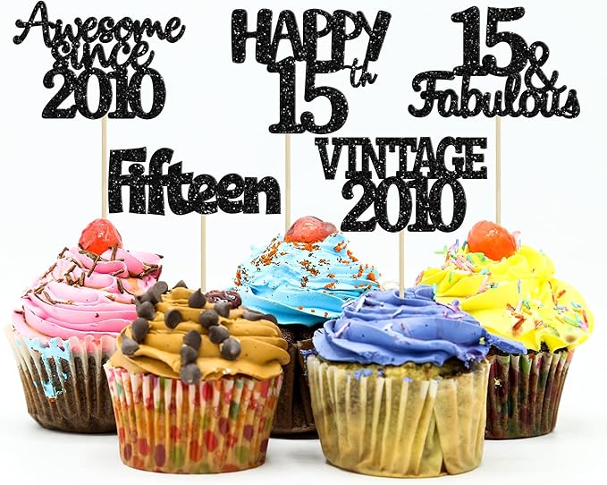 Gyufise 30Pcs Vintage 2010 Cupcake Toppers Glitter Sweet 15 Happy 15th Cupcake Picks Happy 15th Birthday Cake Decorations for Happy 15th Birthday Fabulous Anniversary Party Supplies Black