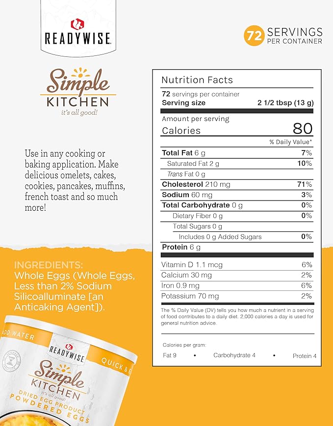 READYWISE - Simple Kitchen, Powdered Eggs, 72 Servings, Emergency Supply, Dehydrated Food, Baking Supplies, Camping Meals, Survival Food, 10 Can Egg Powder, Dehydrated Eggs Powder
