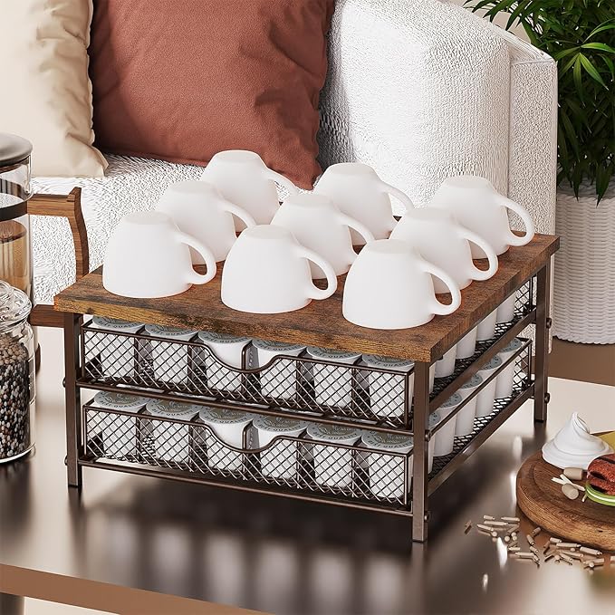 Coffee Pod Drawer K Cups Organizer 2-Tier Coffee Pod Storage Holder with Drawer Baskets 72 Capacity Coffee Capsule Storage Organizer Drawer, Industrial Brown and Bronze