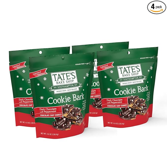 Tate's Bake Shop Cookie Bark, Chocolate Chip Cookies with Dark Chocolate and Peppermint, Limited Edition, 4-4.6 oz Bags