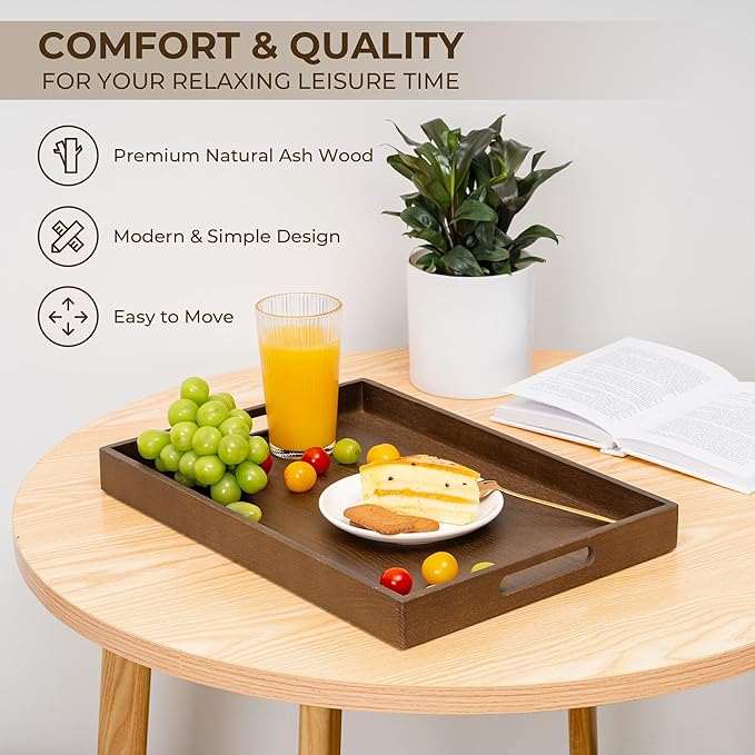 Axeman Wooden Serving Tray with Wood Handles|Ottoman Tray for Breakfast, Bed, Couch|17x12in Ash Wood Coffee Table Trays|Food Drinks Decorative Storage Boards for Ottoman Kitchen, Walnut