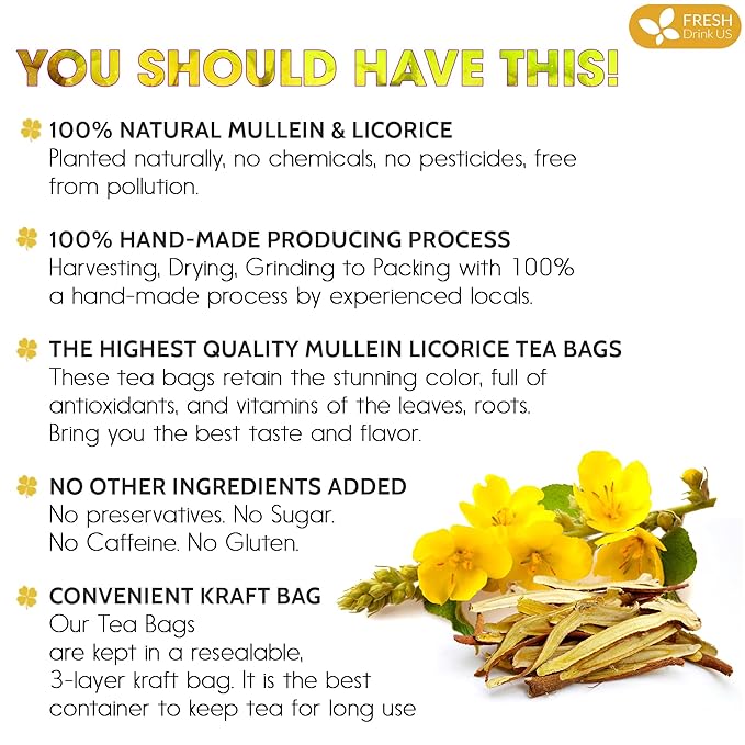 FreshDrinkUS, Premium 55 Mullein Licorice Tea Bags, 100% Natural, Blend of Mullein Leaves, and Licorice Root. Made with Natural Material Tea Bags. No Sugar, Vegan.