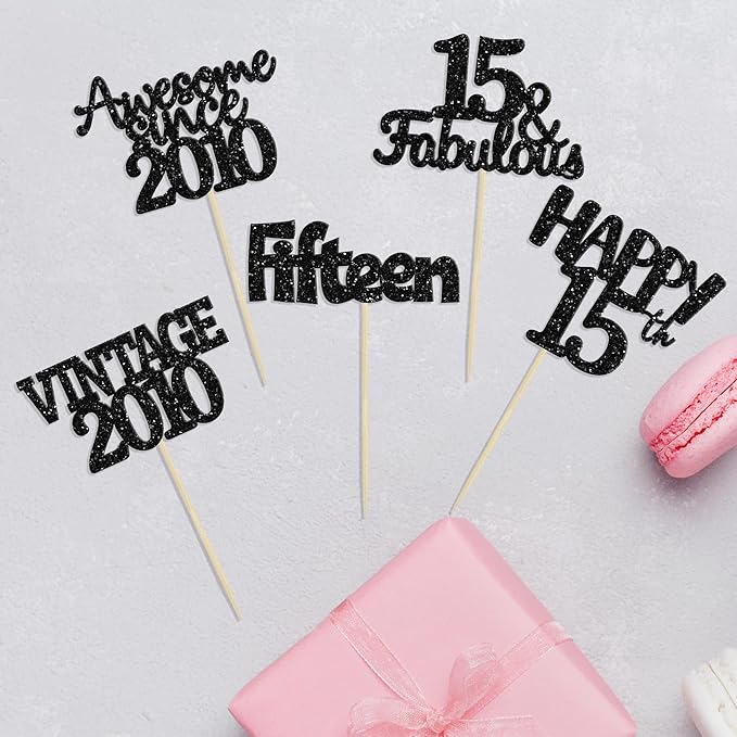 Gyufise 30Pcs Vintage 2010 Cupcake Toppers Glitter Sweet 15 Happy 15th Cupcake Picks Happy 15th Birthday Cake Decorations for Happy 15th Birthday Fabulous Anniversary Party Supplies Black