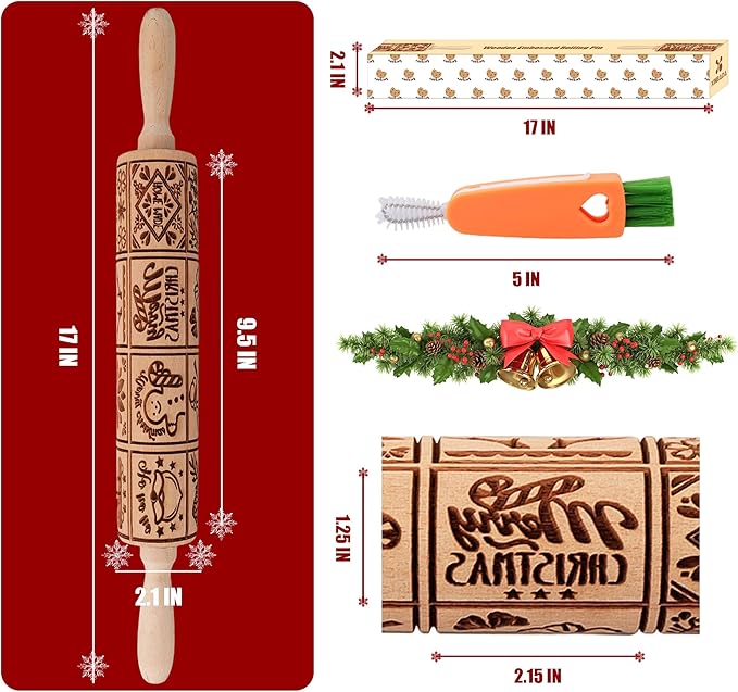 17" Premium Wood Rolling Pin with XMAS Embossed Designs | 3mm Deep Springerle Cookie Molds | Christmas Rolling Pin & Baking Gifts for Women | Includes 3-in-1 Cleaning Brush