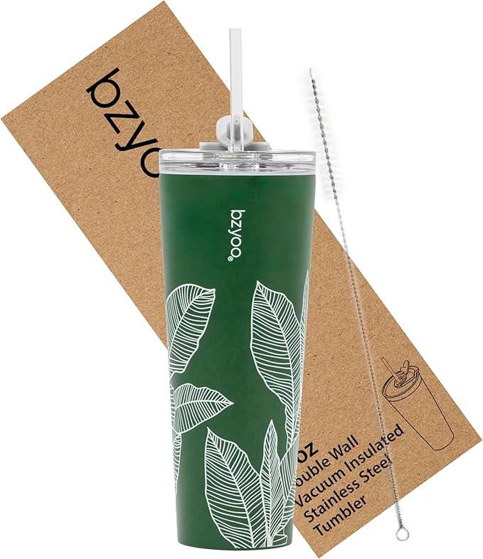 bzyoo SUP Double Wall Vacuum Insulated Tumbler with Straw and Lid Stainless Steel Water Bottle Travel Mug Cup Valentines Gifts For Him & Her, 24oz (710ml) Color: Leaf Green