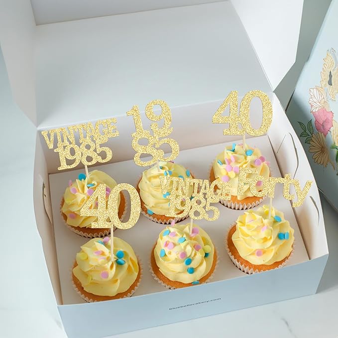 Gyufise 24Pcs Happy 40th Birthday Cupcake Toppers Glitter Forty 40 Fabulous Vintage 1985 Cake Toppers for 40th Birthday Wedding Anniversary Party Cake Decorations Supplies Gold
