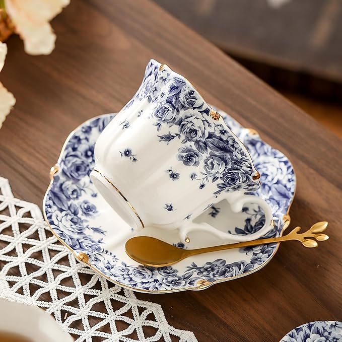 TATSUMI Country Roses Bone China Tea Cup and Saucer Set, 6 Pieces, Vintage Style, For Women and Tea Parties（sky blue，6 sets）